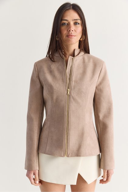Women's Beige Stand Collar Lined Zippered Waist-Fitted Suede Jacket 8033 60286743