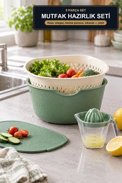 5 Piece Kitchen Prep Set 4 L Bowl 3.5 L Strainer Cutting Board Lemon Squeezer Green