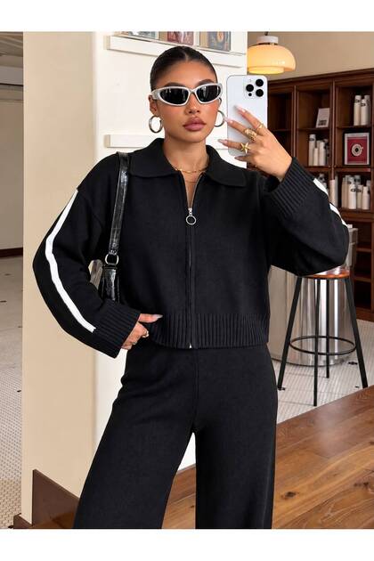 Chain Detail Polo Collar Stylish Knitwear Set