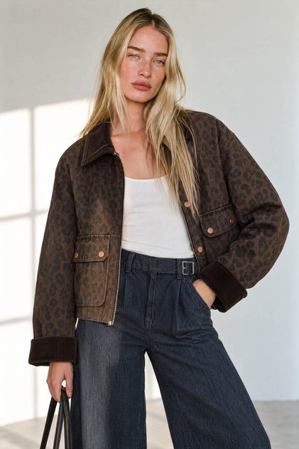 Brown Leopard Patterned Quilted Velvet Collar Oversize Jacket