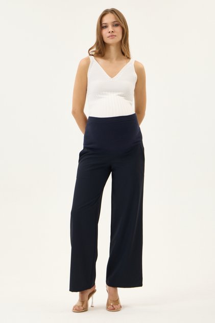 Maternity Wide-Leg Gabardine Fabric Pants, Elastic Waist and Adjustable (Navy Blue)