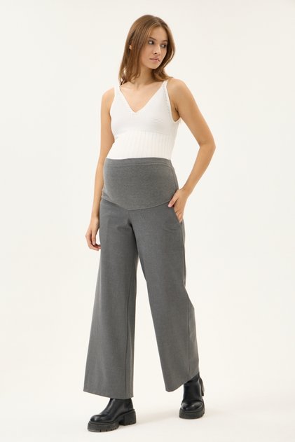 Maternity Wide-Leg Gabardine Fabric Pants, Elastic Waist and Adjustable (Gray)