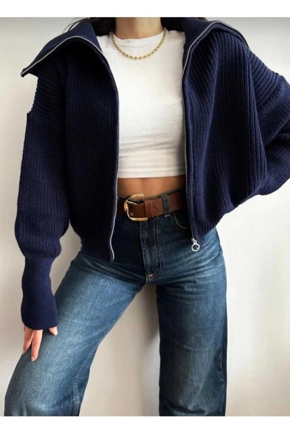 Navy Shawl Collar Zip-Up Knit Cardigan