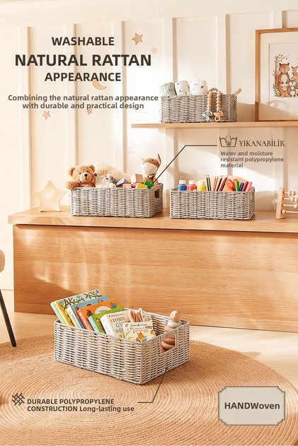4-Piece Children's Room Washable Gray Pp Rattan Closet Laundry Toy Organizer Storage Basket Organizer