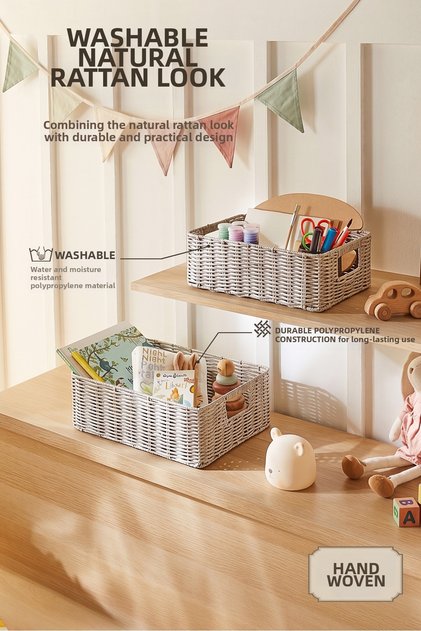 2-Piece Children's Room Washable Gray Pp Rattan Closet Laundry Toy Organizer Storage Basket Organizer 33X23X11/ 39X29X13