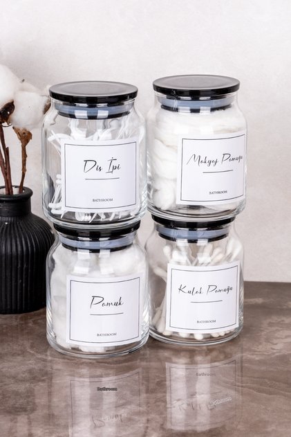 4-Piece Glass Cotton Set with Acrylic Black Vacuum Lid and White Label Bathroom Set 300 ml Cotton Storage Container Bathroom Organizer