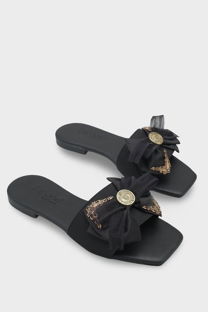 Daniella Flat Heeled Women's Slippers with Satin Bow and Blunt Toe