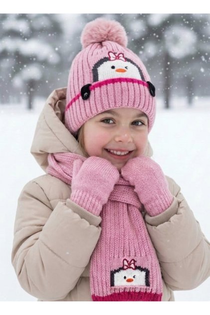 3-6 Years Old Penguin Figured Knitted Children's Scarf, Fleece Inside, Knitted Children's Scarf, Beanie and Gloves 3-Piece Set