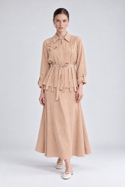Cupra Skirt Set with Stone Detail on the Collar Beige