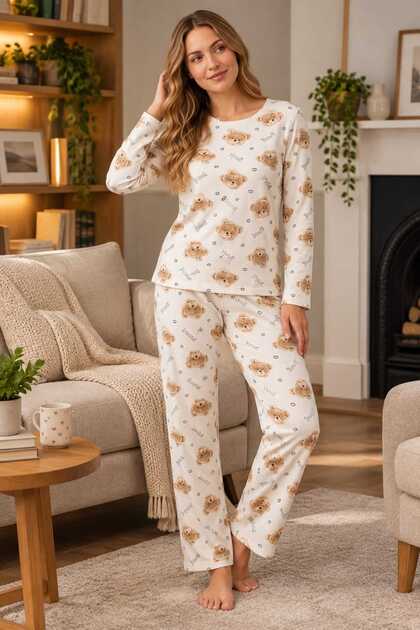 Ecru Teddy Bear Patterned Ribbed Knitted Pajama Set