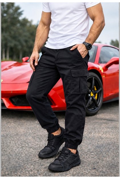 Black Lycra Pants with Cargo Pockets and Elastic Waistband