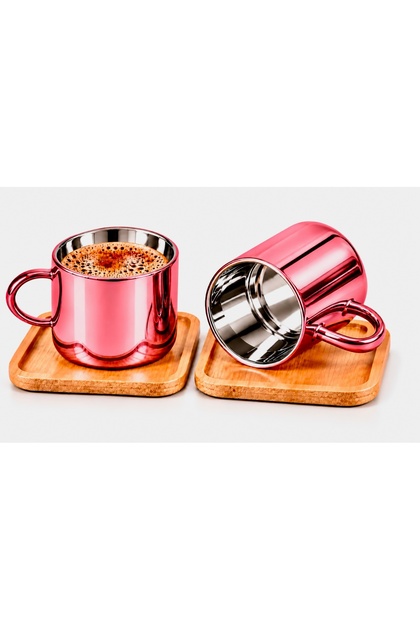 Mirrored Borosilicate Glass Turkish Coffee Cup Set, Red, 2X125Ml – with Bamboo Saucers, Heat Resistant