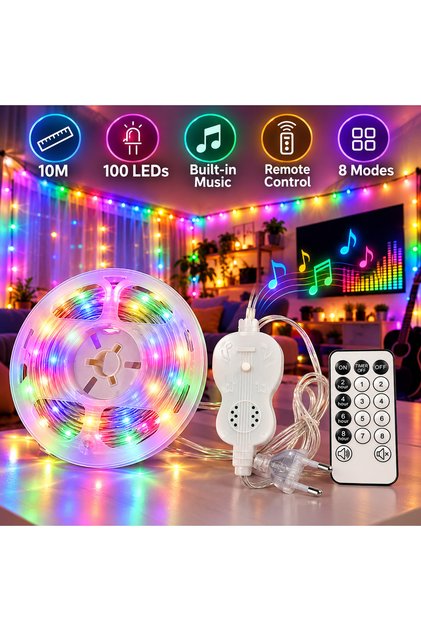 Instalație LED Muzicală pentru Brad de Crăciun, 10 m, 100 LED-uri Multicolore, Melodii Integrate, Lumini Sincronizate cu Muzica, 8 Moduri de Iluminare, Telecomandă și Temporizator