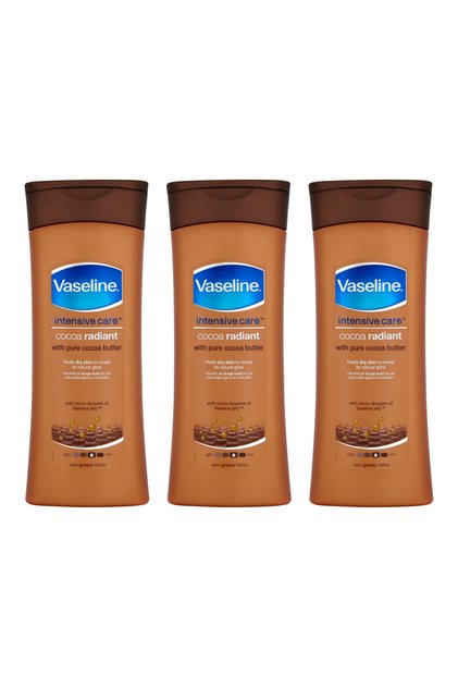 Pachet 3x Loțiune de corp, Vaseline, Radiant Cocoa, cu unt de cacao, pentru îngrijirea pielii, hidratare intensă, 400ml
