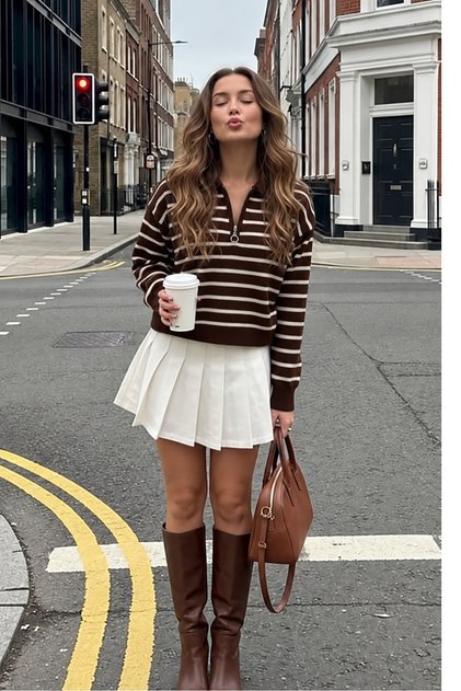 Women's Brown Polo Collar Half Zipper Striped Oversize Knitwear Sweater Rb0720