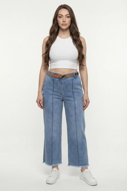 Women's Navy Blue Seasonal Elastic Waist Belt Piece Pipe Leg Trousers