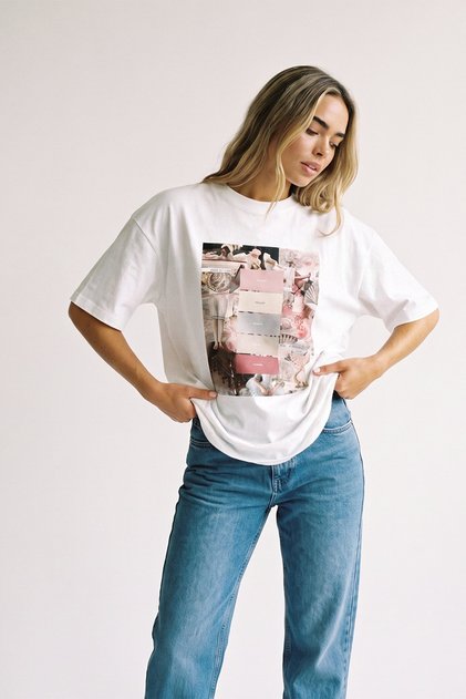 Ecru Oversize Crew Neck Vintage Collage Printed Basic Short Sleeve Women's T-Shirt