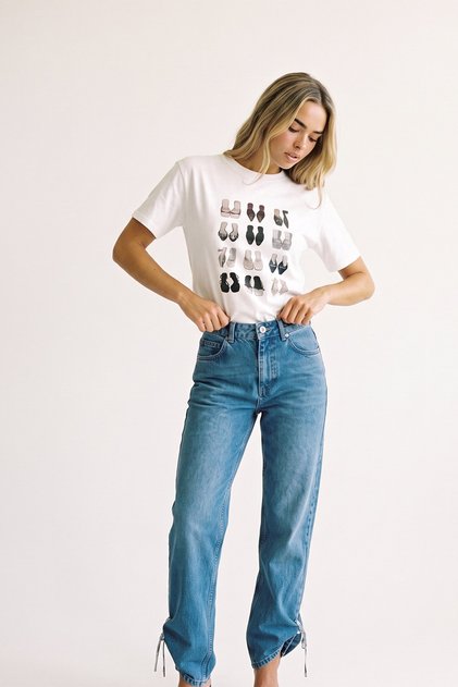 White Crew Neck Stone Embroidered B Printed O Oversized Women's T-Shirt