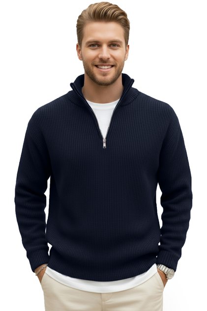 Men's Navy Blue Half Zip Oversized Cut Knitwear Sweater – Soft Textured Knit Sweater 2608511