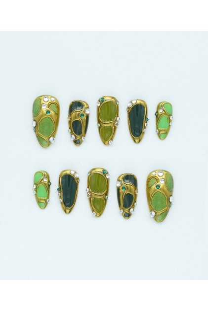 Fairy Leaves Protez Jel Takma Tırnak - El Yapımı Kalıcı Oje Nail Art Gold Chrome - NC104