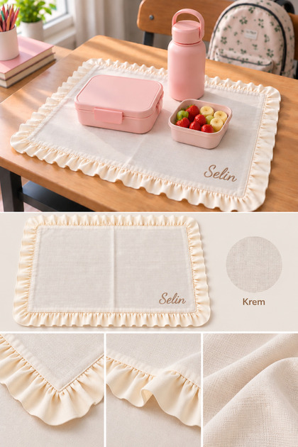 İsme Özel Fırfırlı Çocuk Beslenme Peçetesi 35x45 cm Okul Beslenme Örtüsü Masa Koruyucu