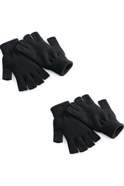 ® 2 Pairs of Half-Finger Gloves – Knitted Black Unisex Gloves | Cut Fingerless Winter Men's Gloves K