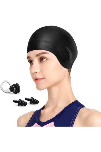 M Black 1pc Swimming Cap, Men's and Women's Swimming Cap, Waterproof Cap, 1 Nose Clip, 2 Rarplugs, 3