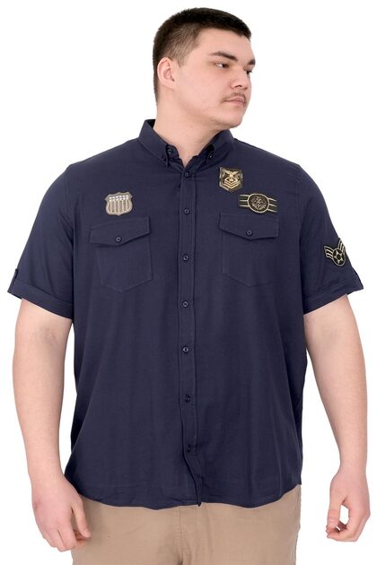 Mode XL Large Size Men's Shirt Double Pocket Flap Gabardine U25601 Navy Blue