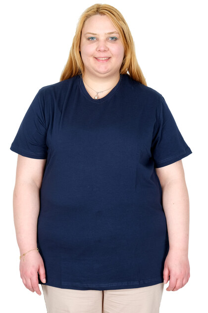 تي شيرت نسائي مقاس كبير من Real Plus Size مصنوع من الليكرا وياقة على شكل حرف V 20150 INDIGO