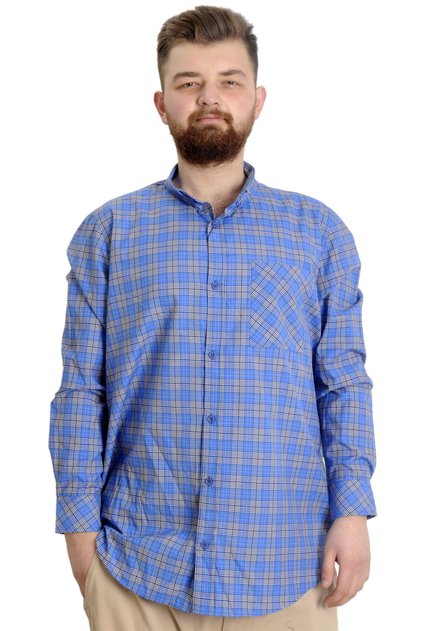 Mode XL Large Size Men's Shirt Plaid Long Sleeve 23300 Light Cobalt Blue