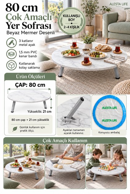 80 Cm Çap - Beyaz Desenli Katlanabilir Yer Sofrası Hamur Açma Tahtası Oyun Masası - 21 Cm Yükseklik