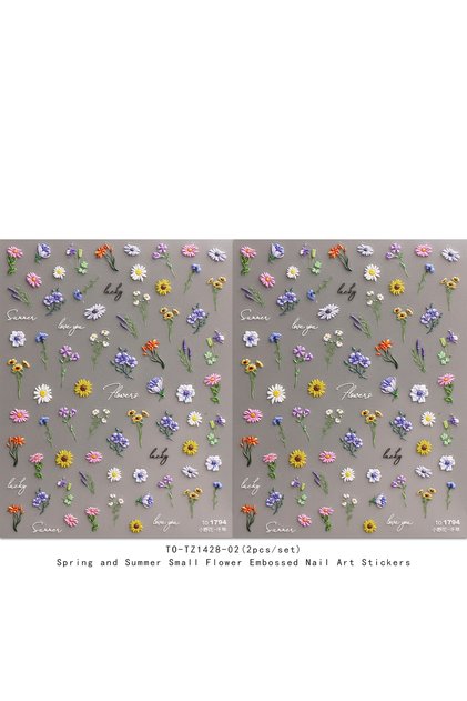 MULTI 2pcs Spring and Summer Small Flower Embossed Nail Art stickers, Easy to Apply for Nail Decorat