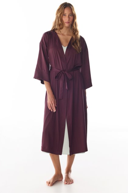 Burgundy Aurora Satin Floral 3/4 Sleeve Dressing Gown