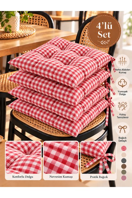 4’lü Sandalye Minderi – Bağcıklı, Çökme Yapmaz Sünger Dolgulu, Yıkanabilir – 40x40 cm Pötikareli
