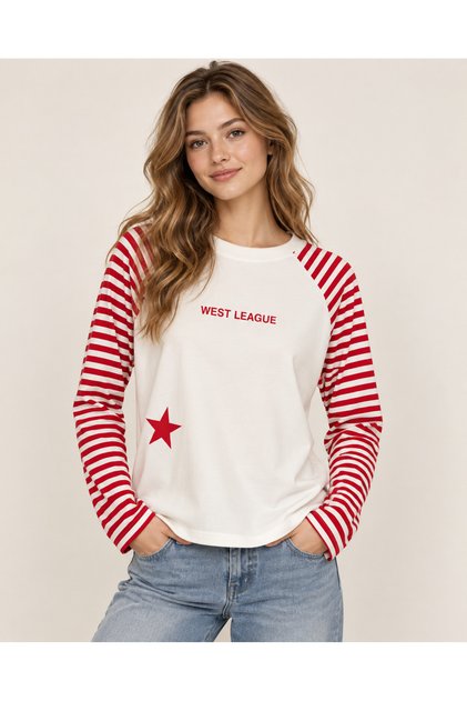Kadın Çizgili Raglan Kollu Yıldız Baskılı Bisiklet Yaka Sweatshirt