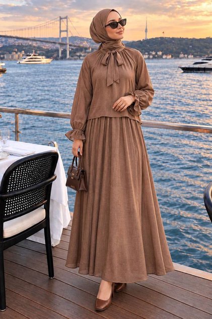 Scarf Collar Ruffle Detailed Mink Hijab Set 53331V