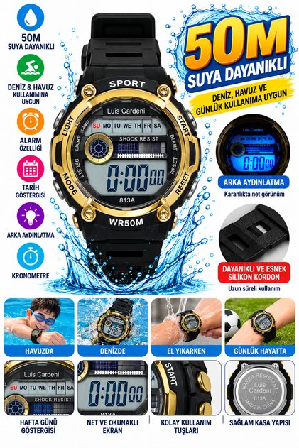 Dijital Çocuk Kol Saati 50M Water Resistant Suya Dayanıklı Deniz ve Havuz Kullanımına Uygun Spor Çocuk Saati