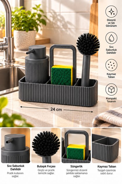 Antrasit Mutfak Lavabo Üstü Organizer Seti 24 cm Deterjanlık Süngerlik Bulaşık Fırçalık Tezgah Düzenleyici