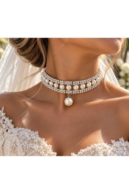 Kadın Inci Sıralı Model Kristal Zirkon Taşlı Gümüş Pırlanta Gerdanlık Abiye Düğün Nişan Parti Kolye