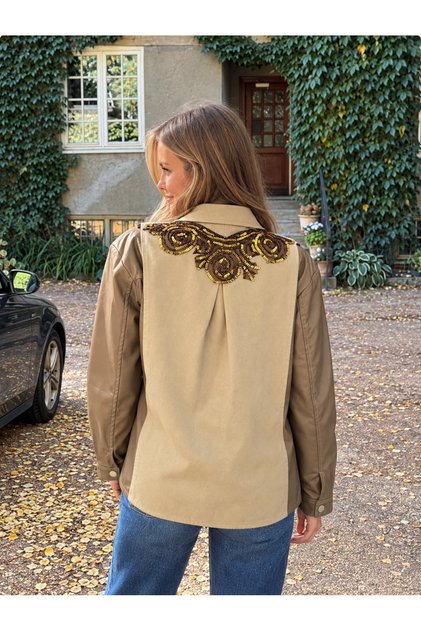 Back Gold And Copper Embroidered Sleeves Leather Detail Cream Jean Jacket