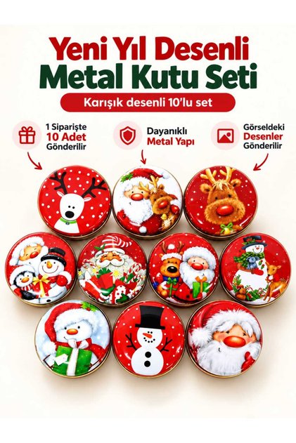 Yeni Yıl Desenli Metal Kutu - Yıl Başı Noel Hediyelik Ve Takı - Mum Kutusu 10 Adet 7.3 x 3.5cm