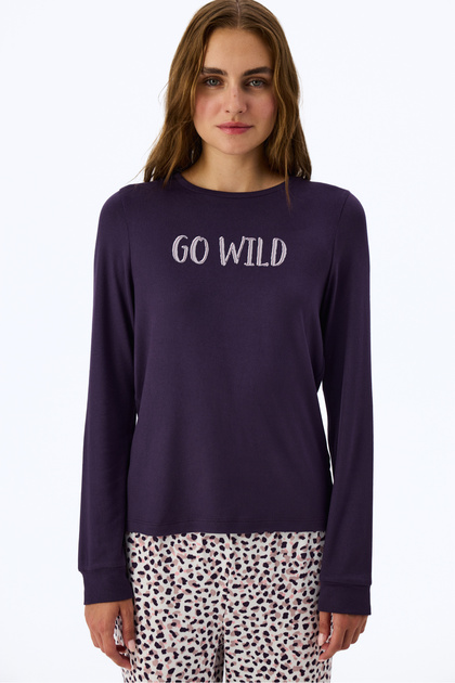 Purple Midnight Mood Slogan Patterned Long Sleeve T-Shirt Pajama Top