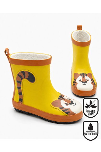 Boy's Rain Boots Yellow Waterproof Tiger Patterned (24-32 N)