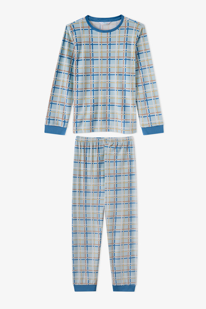 Boy's Pastel Blue Skyline Checks Tef Long Sleeve Pajama Set