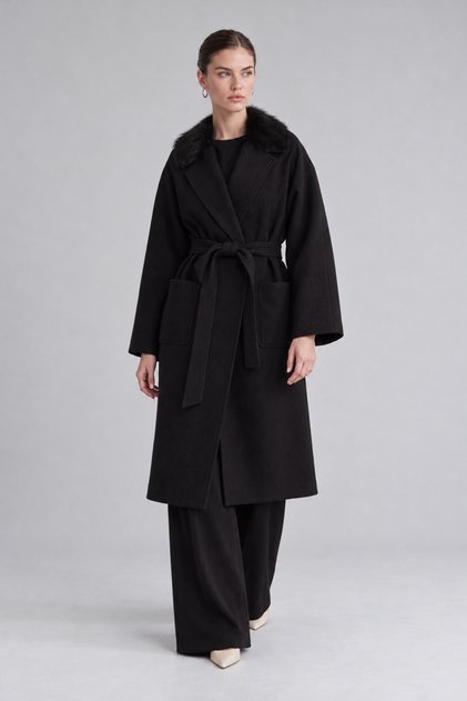 Black Cashmere Coat with Collar and Belt