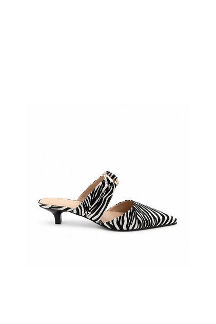 Black & White Zebra Patterned Leather Short Heeled Slippers