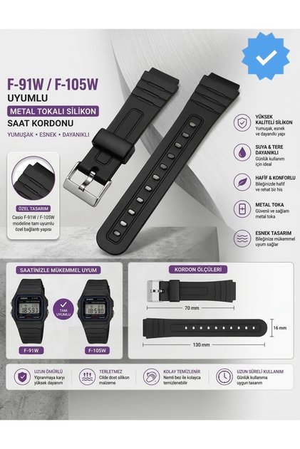 F-91w F-105w Uyumlu Metal Tokalı Silikon Saat Kordonu