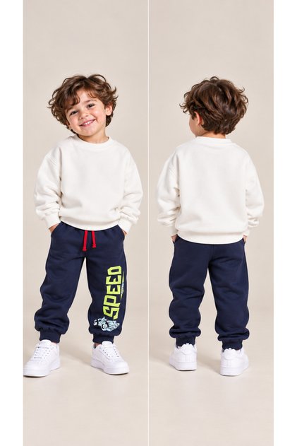 Boy's Oversized Belt and Leg Ribbed Knit Printed 3 Thread Sweatpants