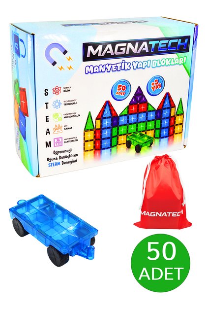Manyetik Yapı Blokları | 50 Parça | 1 Adet Araba Dahil | Mıknatıslı Eğitici Oyuncak Seti