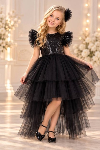 Hayal Model Sequined Buckle Black Tiered Tail Children's Evening Dress Kids Aby745